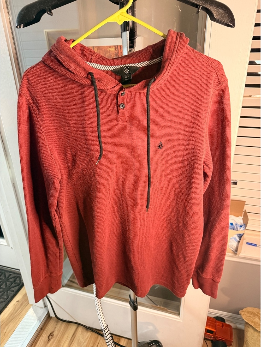 Volcom red waffle knit hooded long sleeve shirt